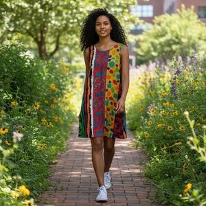 Jams World Women Colorful Abstract Sleeveless Shift Dress Boho Artsy M Festival